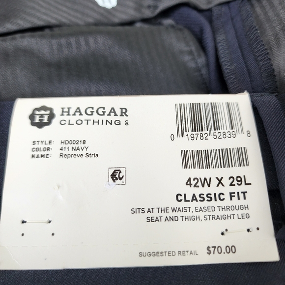 HAGGAR Mens Repreve Stria Classic Fit Flat Front Dress Pant Navy Blue Sz 42"x29" - Picture 9 of 12